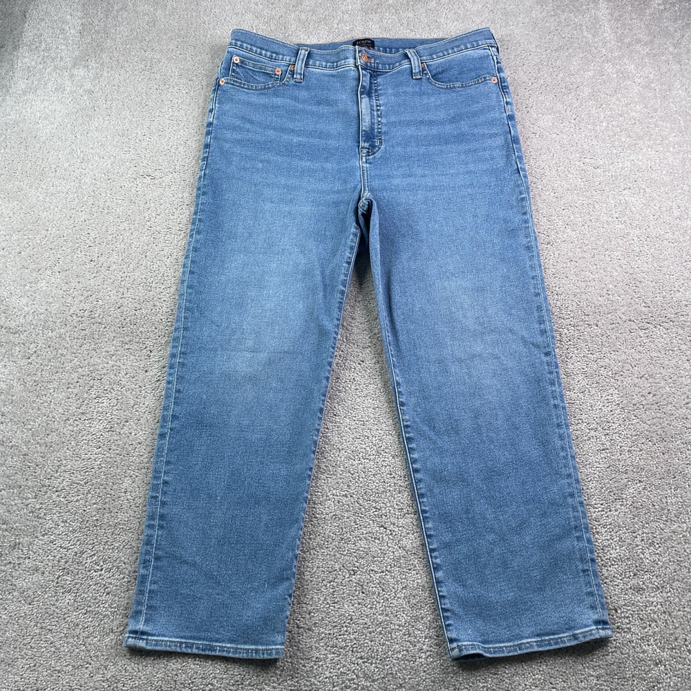 J Crew Jeans Women 32 Petite Blue Stovepipe High Rise Straight Leg Stretch Denim